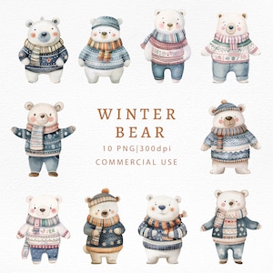 Watercolor Cute Polar Bears Clipart-Commercial Use Clip Art-Watercolor Design-Winter Animals-Snow-Polar Bear Images-White Bear-Sublimation