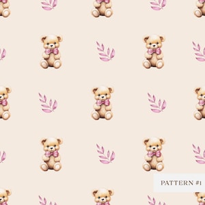 May include: A seamless pattern featuring a cute brown teddy bear wearing a pink bow tie and pink leaves on a light beige background. The pattern is labeled "PATTERN #1".