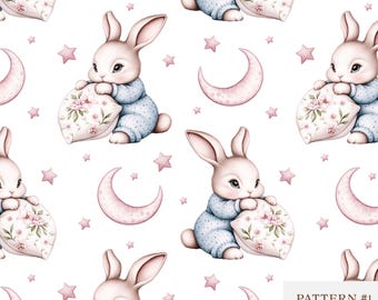 Cute Watercolor Sleeping Bunny seamless pattern, Sleepy Rabbit Pattern, Digital Paper, repeating pattern, Nursery fabric design, Sleepyhead