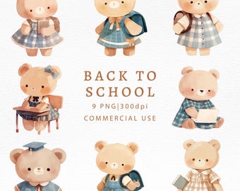 Puede incluir: Nueve ilustraciones de acuarela de osos de peluche marrones vestidos con uniformes escolares. Los osos llevan mochilas, sostienen libros y están sentados en un escritorio. El texto "Back to School" está escrito en marrón sobre los osos. El texto "9 PNG | 300dpi" está escrito en marrón más pequeño debajo de los osos. El texto "Commercial Use" está escrito en marrón más pequeño debajo de los osos.