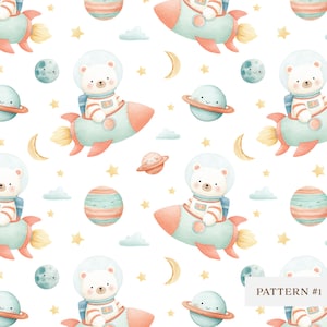 May include: A repeating pattern featuring a white bear astronaut riding a rocket ship through space. The design includes planets, moons, stars, and clouds in pastel colours on a white background. The text "PATTERN #1" is in the bottom right corner.