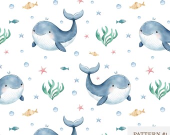 Watercolor Whale Seamless Pattern, Baby Ocean Animal Digital Paper, Cute Nautical Nursery Background, Sublimation/Scrapbooking/Fabric Design