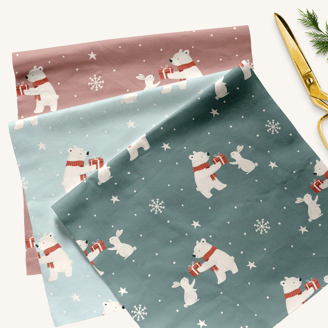 Polar Bear Bunny Seamless Patterncute Animalschristmas Digital Paper