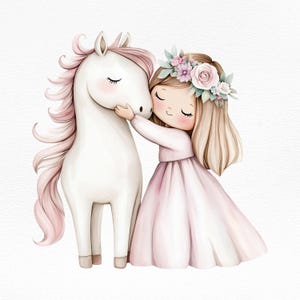 Ilustración de niña con caballo en acuarela PNG, arte de pared para habitación de niños, decoración de guardería imprimible, lindo animal caprichoso, poni pastel descarga digital
