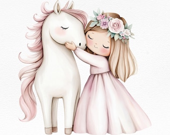 Ilustración de niña con caballo en acuarela (PNG), arte mural para habitación infantil, decoración imprimible para guardería, animal adorable y caprichoso, poni pastel, descarga digital.