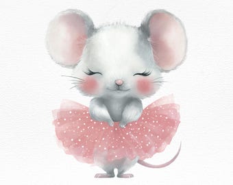 Cute Mouse Clipart PNG | Ballerina Mouse Digital Download | Nursery Wall Art, Baby Shower, Scrapbook, Stickers, Sublimation File