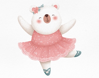 May include: A charming illustration of a white bear in a pink polka-dot tutu and blue ballet shoes. The bear has a floral headband and is posed mid-dance with arms outstretched. The image has a soft, whimsical style, perfect for children's decor.