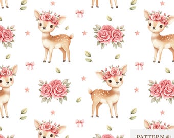 Floral Deer Seamless Pattern, Woodland Baby Shower Digital Paper, Cute Fawn & Flowers for Nursery, Scrapbooking, Fabric Design, Sublimation