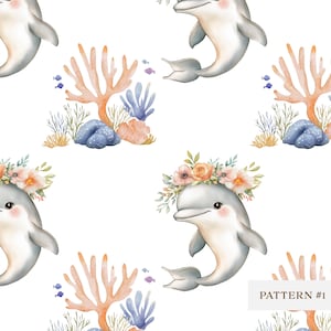 Seamless Dolphin Pattern with Flowers, Coral, Cute Underwater Ocean Theme for Fabric, Nursery Decor, Scrapbooking, Repeating Pattern PNG