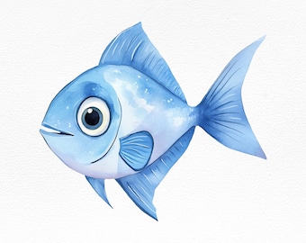 Blauwe vis aquarel clipart – schattige oceaandier png voor sublimatie, kinderkamer kunst aan de muur png, babyshower, digitale download