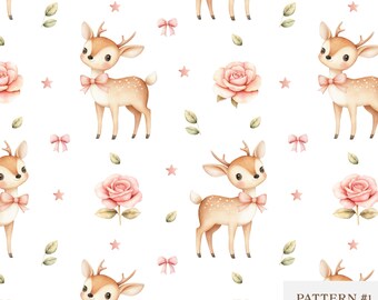 Floral Deer Seamless Pattern, Woodland Baby Shower Digital Paper, Cute Fawn & Flowers for Nursery, Scrapbooking, Fabric Design, Sublimation