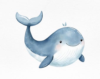 Watercolor Baby Whale Clipart – Cute Ocean Animal PNG for Sublimation, Nursery Wall Art, Kids Party Decor, Baby Shower Graphics