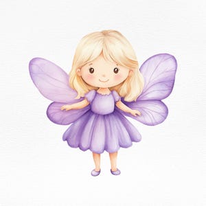 Clipart de hada morada, ilustración de hada en acuarela, arte fantástico adorable, PNG de hada digital, decoración infantil caprichosa, archivo de sublimación