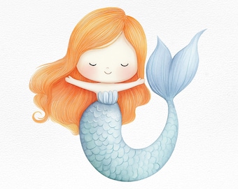 Cute Mermaid Clipart PNG, Watercolor Mermaid Illustration, Under the Sea Digital Download, Nursery Wall Art, Kids Room Printable Decor