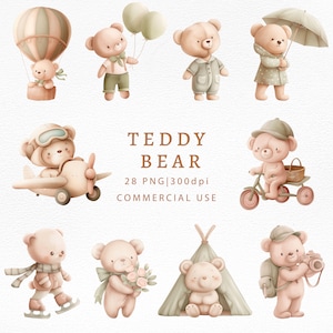 Teddy Bear Clipart-Baby Shower Clipart-Clipart For Invitation-Watercolor Teddy Bear Graphic-Teddy Bear Illustration For Nursery-Transparent