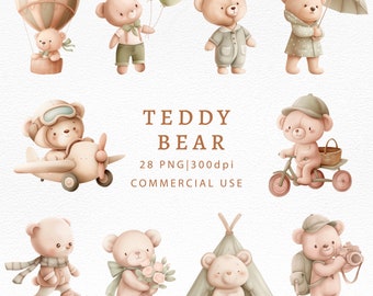 May include: A set of 28 digital illustrations of teddy bears in various poses and settings. The bears are wearing different outfits and accessories, such as a pilot's uniform, a raincoat, and a backpack. The illustrations are in a cartoon style and are perfect for use in digital scrapbooking, card making, and other creative projects.