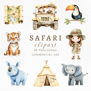 Bundle de cliparts Safari aquarelle PNG, animaux de la jungle, éléments de la nature, graphismes numériques Safari aventure, ensemble de travaux manuels, fichiers pour sublimation