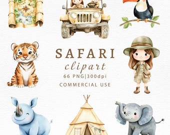 Watercolor Safari Clipart Bundle PNG, Jungle Animals, Nature Elements, Digital Safari Adventure Graphics, DIY Crafts Set, Sublimation Files