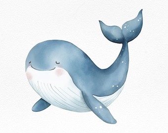 Watercolor Baby Whale Clipart – Cute Ocean Animal PNG for Sublimation, Nursery Wall Art, Kids Party Decor, Baby Shower Graphics