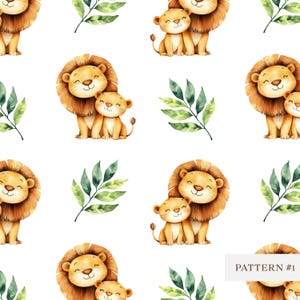 Joli modèle sans couture de lion avec des feuilles, papier numérique de bébé animal de la jungle, impression aquarelle de maman et petit lion pour travaux manuels pour enfants/création de tissus