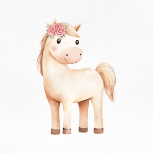 Watercolor Horse Clipart | Cute Pony with Floral Crown | Baby Shower Art, Nursery Decor, Sublimation PNG, Farm Animal Illustration