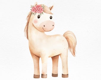 Può includere: Illustrazione ad acquerello di un pony color crema con naso e guance rosa. Il pony ha una criniera e una coda marrone chiaro e una corona floreale di rose rosa. Il pony è su sfondo bianco.