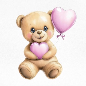 Valentine’s Day Watercolor Teddy Bear with Pink Balloon Clipart, Cute Illustration, Nursery Decor, Baby Shower, Cards, Crafts, Valentine PNG