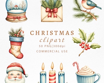 Christmas Clipart-Watercolor Christmas Bundle-Cute Christmas PNG Bundle-Winter Illustration set-Instant Digital Download-Commercial Use