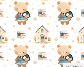 Teddy Bear seamless pattern-Back to school-Fabric Design-Digital Paper-Seamless pattern with cute Bear-Repeat Tile-Surface Pattern-Girl Bear