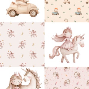 May include: A set of four digital illustrations featuring a brown bear driving a car, a princess riding a unicorn, and two different patterns of a princess riding a unicorn. The illustrations are in a watercolour style and have a whimsical feel.
