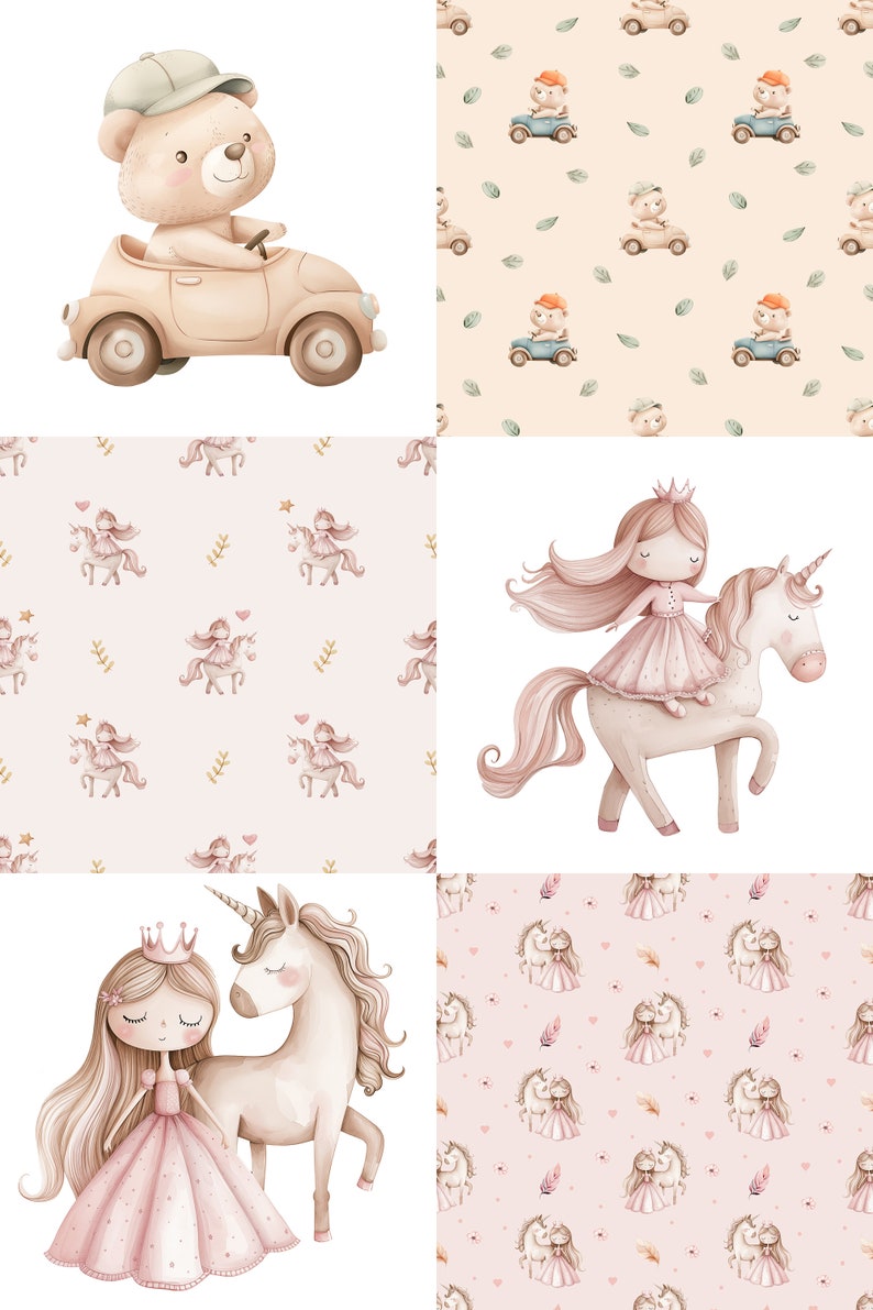 May include: A set of four digital illustrations featuring a brown bear driving a car, a princess riding a unicorn, and two different patterns of a princess riding a unicorn. The illustrations are in a watercolour style and have a whimsical feel.