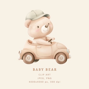 Bär reitet ein Auto Clip Art-Bär Aquarell Illustration-Tier-Clipart-Baby Druck-Kinderzimmer Druckdesign-Kommerzielle Nutzung-Süße Kinder Grafik-PNG