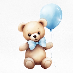 Ours en peluche bleu ballon Clipart-Baby Shower PNG-Cliart for Invitation-aquarelle ours en peluche graphique-Illustration d'ours en peluche pour chambre d'enfant