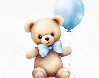 Teddy Bear Blue balloon Clipart-Baby Shower PNG-Clipart For Invitation-Watercolor Teddy Bear Graphic-Teddy Bear Illustration For Nursery