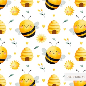 May include: A repeating pattern featuring watercolor illustrations of smiling bees, beehives, suns, flowers, and hearts in yellow, black, and white. The design is whimsical and cheerful, perfect for children's products or spring-themed items.