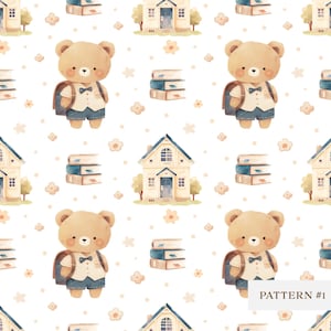 May include: A seamless pattern featuring watercolor illustrations of a brown bear wearing a blue backpack and a bow tie, a stack of books, and a yellow house with a brown roof. The pattern is on a white background with small brown and orange dots and flowers.