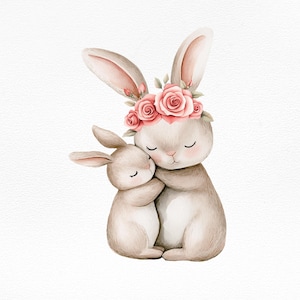 Cute Bunny Mom and Baby Clipart, Floral Rabbit Hug Illustration, Watercolor Animal Print, Wall Nursery Art, PNG Download, Baby Shower Art