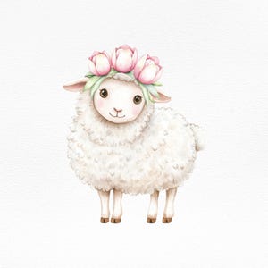 Schattige aquarel schapen clipart, baby lam met bloem kroon illustratie png, boerderij dieren kinderkamer kunst, sublimatiebestand, babyshower graphics
