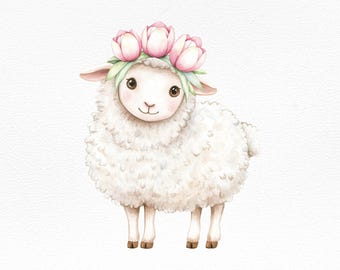 Cute Watercolor Sheep Clipart, Baby Lamb with Flower Crown Illustration PNG, Farm Animal Nursery Art, Sublimation File, Baby Shower Graphics