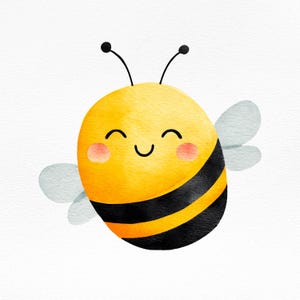 May include: A watercolor illustration of a smiling bee. The bee is yellow with black stripes, rosy cheeks, and small, light blue wings. It has two black antennae and a curved, black smile.