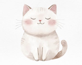 Gato fofo aquarela clipart PNG, ilustração de gato kawaii, download digital de arte de berçário, convites e impressões de chá de bebê faça você mesmo, sublimação