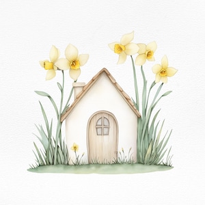 Cottagecore House Clipart - Whimsical Watercolor Home, Floral Digital Art, Fairytale Printable, Cute Tiny House, Daffodil Spring Flower PNG