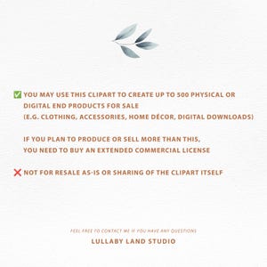 May include: A digital art license information sheet with text in green and red. The text states the terms of use for the clipart, including the number of products allowed and the need for an extended license for larger quantities. A watercolor leaf design is at the top.