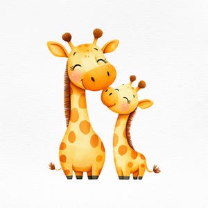 Ilustração PNG de mãe e bebê girafa em aquarela, clipart fofo de animal de safári, berçário na selva, sublimação para chá de bebê, arte de parede para impressão