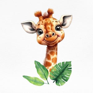 Giraffa carina con foglie tropicali acquerello clipart PNG, illustrazione di animali della giungla, arredamento per bambini safari, stampa artistica di animali digitali