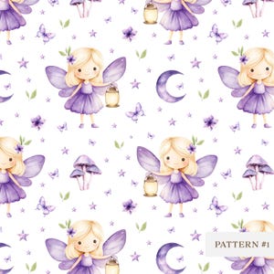 Modello senza cuciture di fata - Carta digitale fata viola, Clipart fata carina, PNG arte fantasy stravagante, tessuto per bambini, download immediato