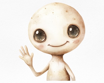 Adorable impresión digital de extraterrestre en acuarela, arte de pared para guardería, linda ilustración de extraterrestre PNG, obra de arte de ciencia ficción, descarga instantánea, archivo de sublimación