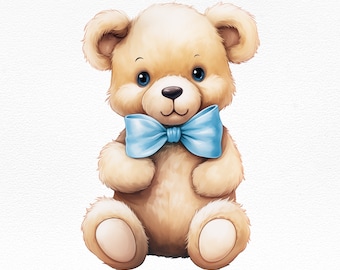 Teddy Bear Blue Bow Clipart-Baby Shower Clipart PNG-Clipart For Invitation-Watercolor Teddy Bear Graphic-Teddy Bear Illustration For Nursery