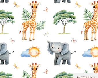 Safari Animal Seamless Pattern, Giraffe, Elephant & Baby Jungle Animals for Nursery Decor, Fabric Design, Digital Paper, Digital Download
