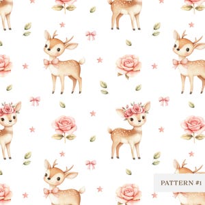 Modello di cerbiatto senza cuciture, carta digitale con grazioso cerbiatto del bosco, sfondo floreale di Bambi, design di animali per cameretta dei bambini, PNG a sublimazione, design di tessuto